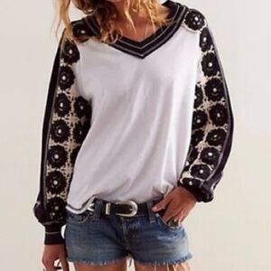 Women's Black and White V-Neck Top With Crochet Sleeve From We The Free